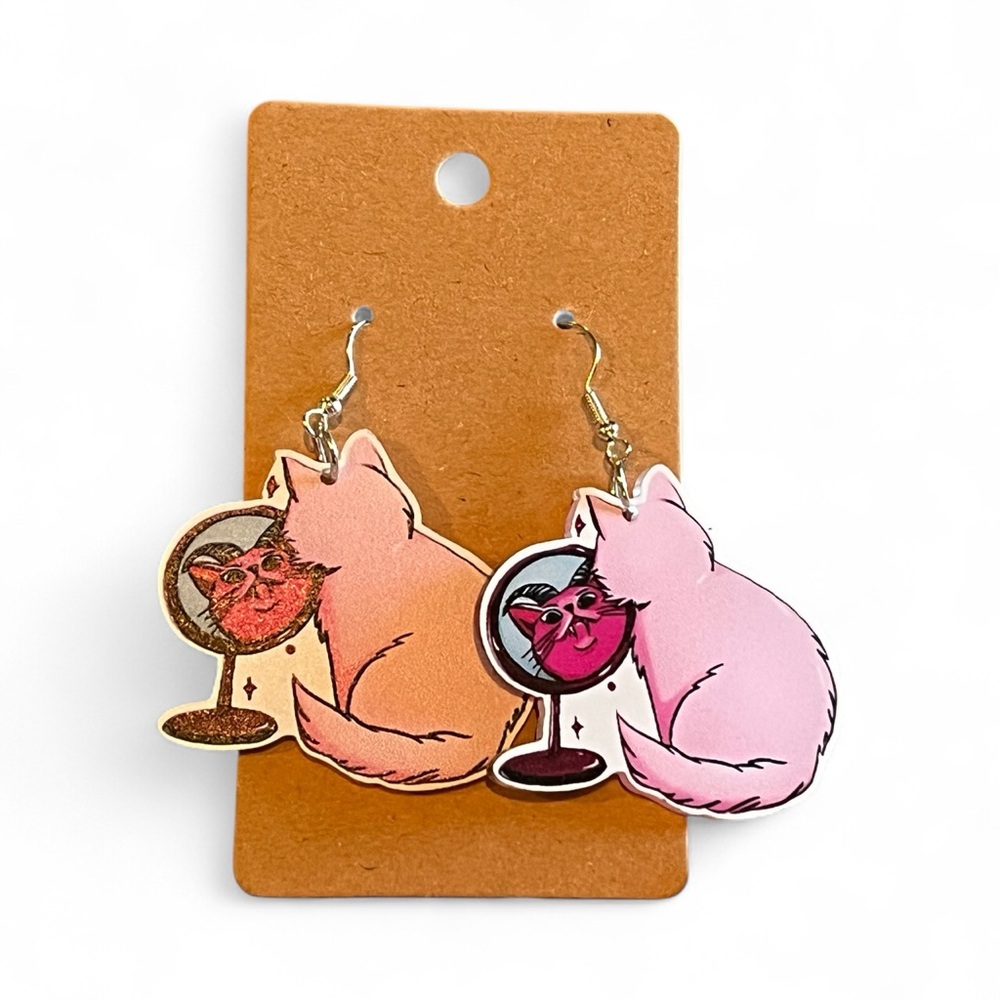 Pink Mirror Spooky Cat Earrings